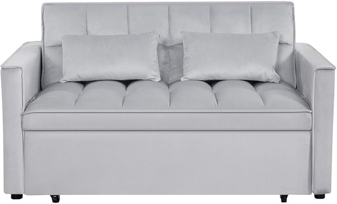 54 Convertible Sofa Bed Velvet Sleeper Sofa with Pull-Out Bed 3-in-1 Futon Couch with Reclining Backrest and Side Pocket Modern Loveseat for Living Room (Silver Grey)