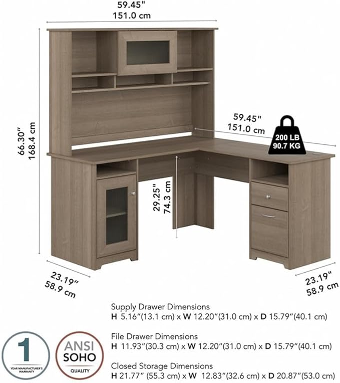 BOWERY HILL 60W L Shaped Computer Desk with Hutch Ash Gray Engineered Wood Built-in Wire Management Storage Cabinet File Drawer Box Drawer Fluted Glass Door Home Office Furniture