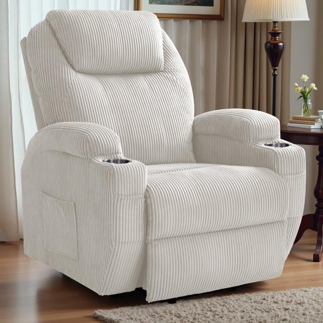 Furmax Electric Power Lift Recliner Chair with Massage for Elderly Corduroy Fabric Recliner Single Sofa with Cup Holders Side Pockets and Remote Control for Living Room Bedroom (White)