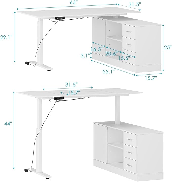 Homsee Home Office L Shaped Electric Standing Desk with Drawers and Shelves Height Adjustable &amp Shape Reversible Stand up Desk 63 Computer Executive Corner Table White