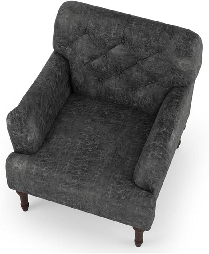 Bowery Hill Leith Faux Leather Tufted Accent Chair Gray Finish Wood Frame 32W x 30.5D x 35H Button Tufted Back Piping Line Details Transitional Style Chair for Living Room or Master Bedroom
