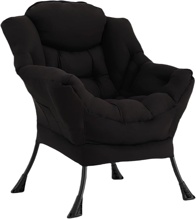 Welnow Lazy Chair for Living Room Modern Reading Accent Chair with Armrests and a Side Pocket Leisure Upholstered Lazy Sofa for Small Space Bedroom Dorm Black