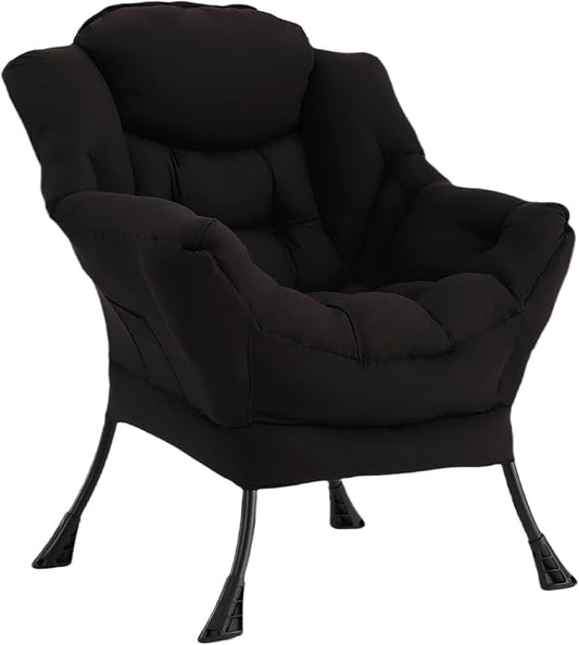 Welnow Lazy Chair for Living Room Modern Reading Accent Chair with Armrests and a Side Pocket Leisure Upholstered Lazy Sofa for Small Space Bedroom Dorm Black