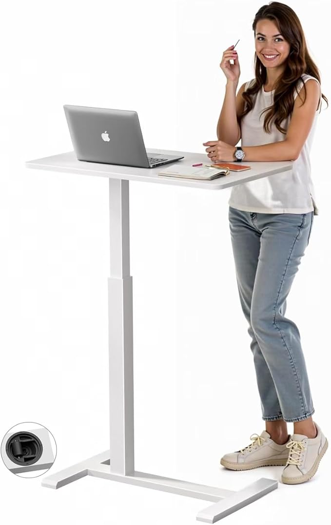 Rolling Standing Desk with Hidden WheelsOverbed Bedside Table Adjustable HeightPneumatic Laptop Desk Rolling Computer Cart for HomeOfficeWhite