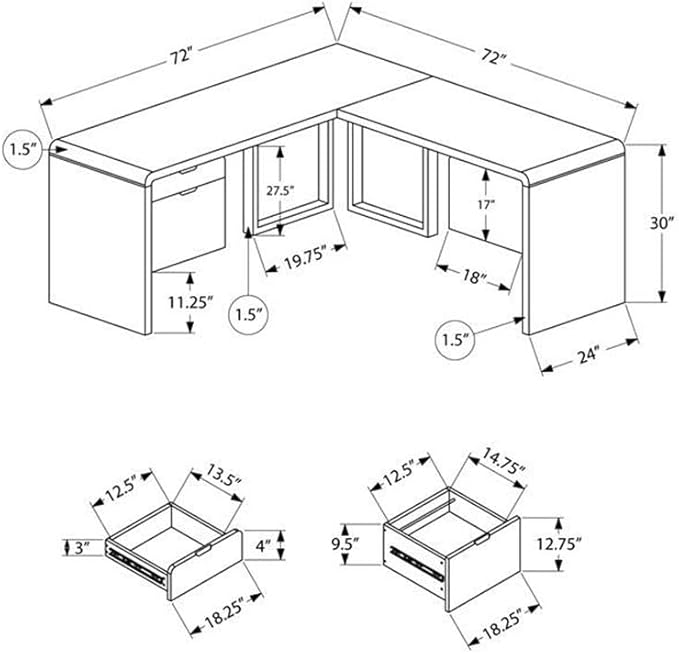 Monarch Specialties I 7582 Computer Desk Home Office Corner Left Right Set-up Storage Drawers 72 L L Shape Work Laptop Laminate Metal Glossy White