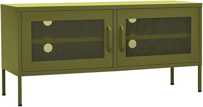 vidaXL Steel TV Stand with Adjustable Levelers Olive Green 41.3x13.8x19.7 Industrial Cable-Management TV Cabinet with Mesh Doors and Interior Shelve