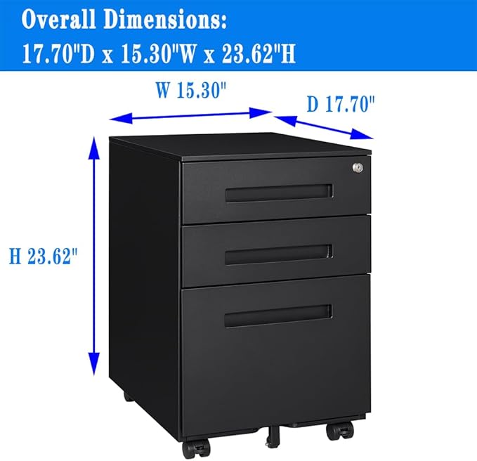 3-Drawer Rolling File Cabinet Metal Mobile File Cabinet with Lock Filing Cabinet Under Desk fits Legal/Letter/A4 Size for Home/Office Fully Assembled Except Wheels (Black)