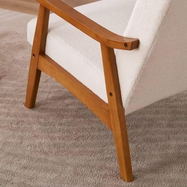 Modern Velvet Accent Chair Teddy Velvet Single Indoor Lounge Chair Comfty Sofa Armchair with Wood Legs and Backrest for Living Room Bedroom Compact Space Creamy White