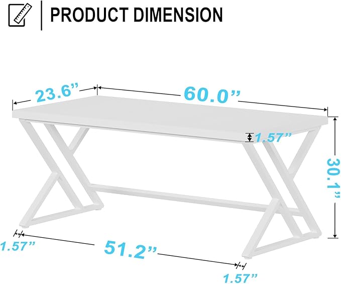 LVB Modern White Computer Desk Long Industrial Home Office Desk for Student Large Metal Wood Writing Study Work Desk Farmhouse Executive Gaming Computer Table for Bedroom Living Room White 60 in