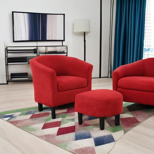 INZOY Modern Accent Chair with Ottoman Upholstered Barrel Reading Chair with Foot Rest Comfy Fabric Armchairs for Living Room Bedroom Small Spaces Easy to Assemble (Red)