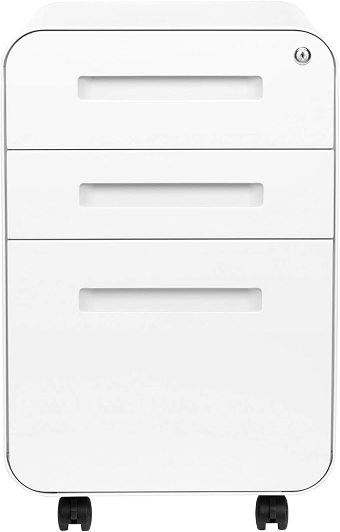 Laura Davidson Furniture Stockpile 3 Drawer File Cabinet with Lock - Under Office Desk Metal Filing Cabinet Legal/Letter File Folders Wheels and Stationary Feet Pre-Assembled White