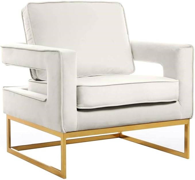 Pemberly Row Modern Velvet Accent Chair Cream Upholstery Gold Iron Base 33 W x 29 D x 35 H High-Density Foam Cushion Stylish Living Room Seating for Relaxing or Reading