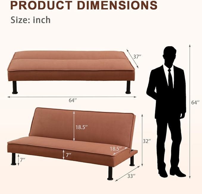 Convertible Futon Sofa Bed Modern Sleeper Couch Sofabed Reversible Recliner Sofa with 3 Adjustable Positions for Living Room Studio Apartment Office Small Space 64 x 33 x 32in.