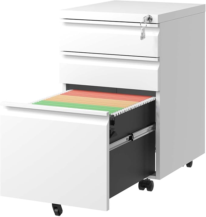 Fully Assembled File Cabinet Under Desk Storage Drawers 3 Drawer Mobile Printer Stand with Lock and Wheels Metal Filing Cabinet for Office with 2 Keys for Legal/Letter/A4 Size White