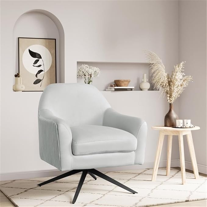 Pemberly Row Modern Swivel Chair Light Gray Fabric Upholstery Channel Tufted 360 Degree Swivel Base High Density Foam Cushion Solid Wood Frame Accent Chair for Living Room or Home Office Use