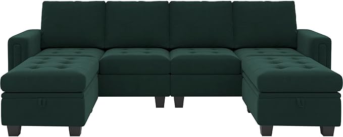 Belffin Velvet U Shaped Sectional Sofa Couch with Storage Ottoman Convertibel Sectional Sofa with Reversible Chaises Green