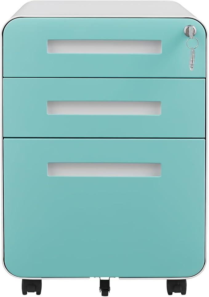 3 Drawer Mobile File Cabinet with Lock Under Desk Metal Filing Cabinet for Home Office Assembled Removable Under Desk Storage with Wheels for A4-Size/Letter-Size/Legal-Size (Light Blue)