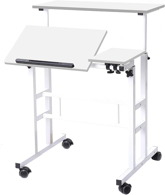 DlandHome Adjustable Rolling Sit-Stand Desk Mobile Computer Desk Stand Up Workstation White