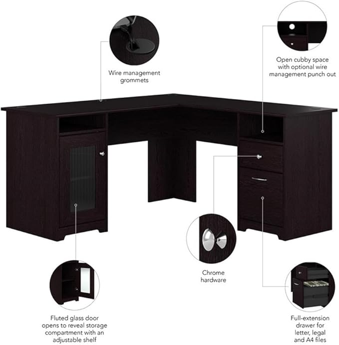BOWERY HILL L Shaped Engineered Wood Computer Desk 60W x 60D x 30H Espresso Oak Finish Built-in Wire Management Storage Cabinet with Fluted Glass Door File Drawer Home Office Desk