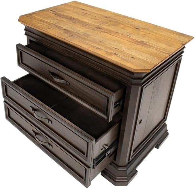BOWERY HILL Executive Lateral Filing Cabinet with Solid Wood Plank Top in Brown Solid Wood Construction Sturdy and Durable Office or Home Use Secure Document Storage