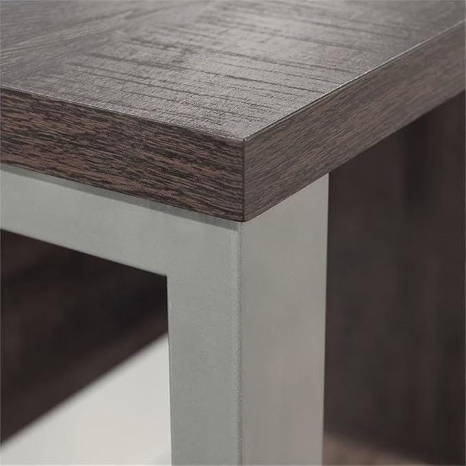 Pemberly Row Contemporary Single Pedestal Desk 45 in Wide Engineered Wood and Metal Construction Blade Walnut and Silver Finish with Storage Drawers and Shelf Home Office Computer Table
