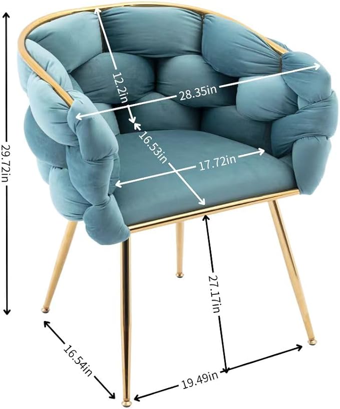 NIOIIKIT Modern Velvet Dining Chairs Set of 2 Hand Weaving Upholstered Vanity Chairs with Gold Metal Legs Leisure Single Sofa Armchairs Comfy Accent Chairs for Living Room Bedroom (Blue)