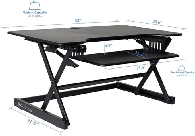 Pemberly Row 38 Height Adjustable Standing Desk Converter Black Finish Metal Construction Large Work Surface Ergonomic Retractable Keyboard Tray Grommet Hole Sit-to-Stand Home Office Desk