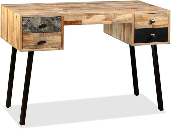 Vintage-Style Writing Computer Desk with 4 Drawers and Metal Legs Home Office Desk Writing Study Table PC Desk Workstation for Bedroom Solid Reclaimed Teak 43.3x19.6x29.9