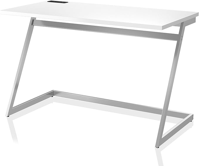 24/7 Shop at Home Andree Industrial Metal Writing Desk with USB Port Power Outlet for Workstation Home Office Study Room Gloss White and Chrome