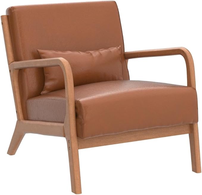 INZOY Mid-Century Modern Accent Chair Set of 2 PU Leather Reading Armchair with Waist Cushion Upholstered Living Room Chairs for Bedroom Sunroom Camel Set