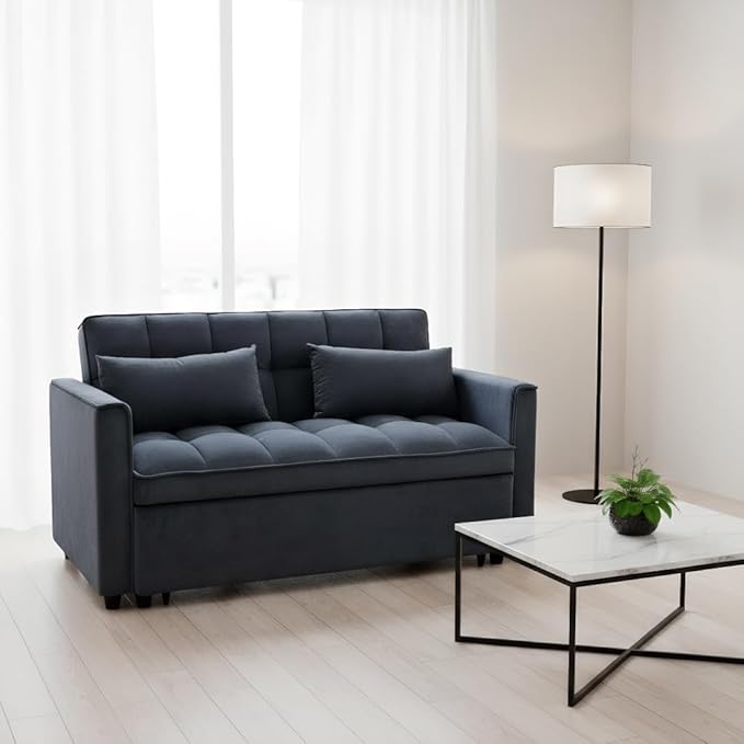 Modern Velvet Sofa Bed with 3-Level Adjustable Backrest &amp Included Pillows Pull Out Convertible Sleeper Chair with High Density Foam for Small Spaces (Black)