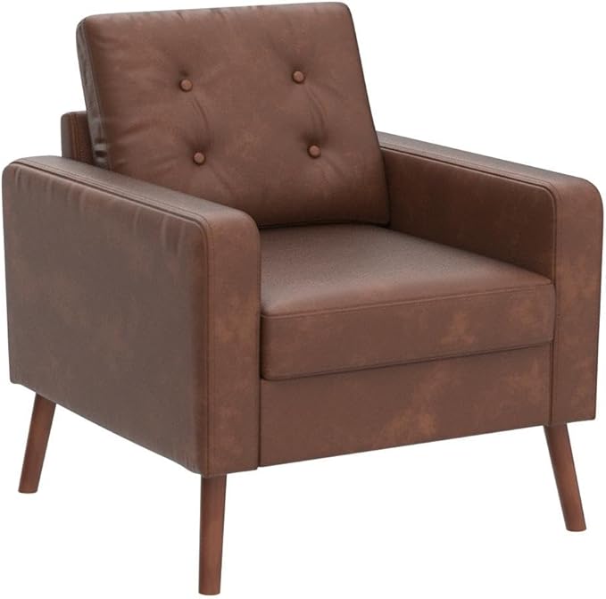 Brown Accent Chair Faux Leather Tufted Single Sofa Oversized Club Chair Armchair Mid Century Modern Armchair with Wood Legs for Reading/Living Room/Bedroom