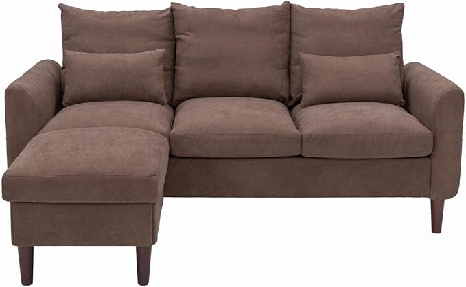 Panana 3 Seater with Footstool Chaise Small L-Shaped Corner Sofa Couch Armchair Furniture for Living Room Office (Brown Linen 3 Seater + Ottoman)