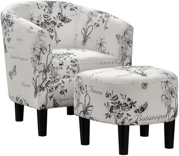 Pemberly Row Accent Chair with Ottoman White Polyester Fabric with Black Botanical Print High-Density Foam Cushions Solid Rubberwood Legs Barrel Design for Living Room or Small Space Use