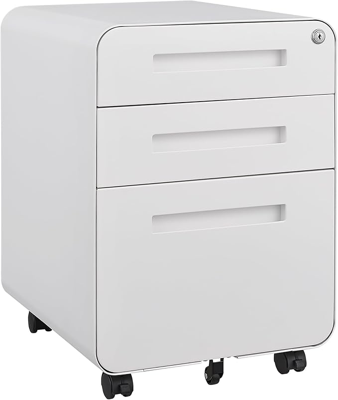Office Pedestal File Cabinet: Lockable Compact Storage Solution for Home Office - Under Desk Cabinet with Removable Pencil Tray Hanging Bar and 5 Utility Wheels (White)