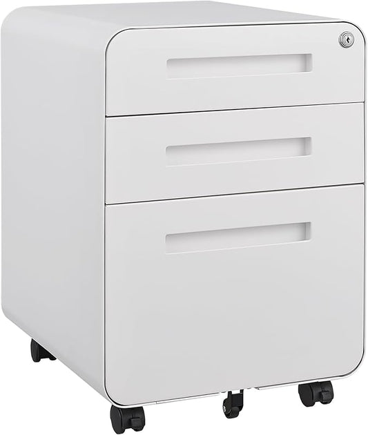 Office Pedestal File Cabinet: Lockable Compact Storage Solution for Home Office - Under Desk Cabinet with Removable Pencil Tray Hanging Bar and 5 Utility Wheels (White)