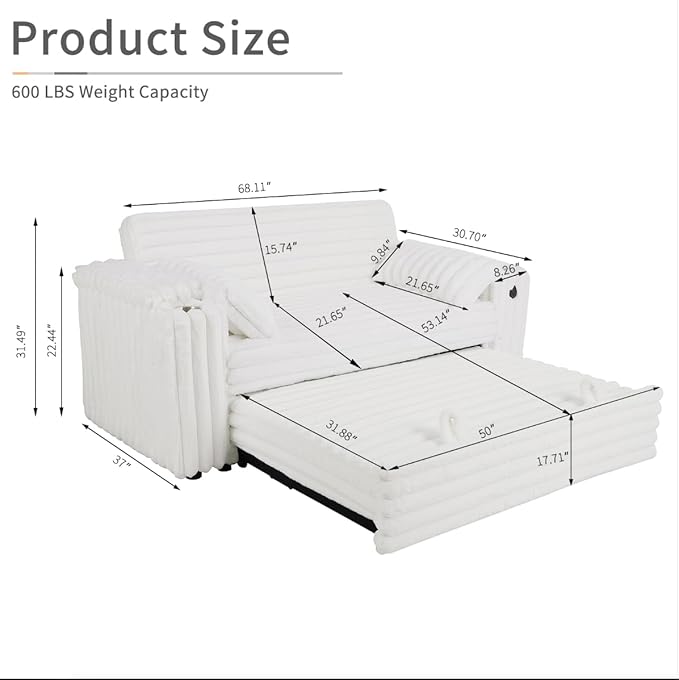 68 Corduroy Convertible Sofa Bed with USB Storage Armrests &amp Pillows – 3-in-1 Foldable Sleeper Chair Floor Couch for Living Room Bedroom Guest Room (ZY-1109-White)