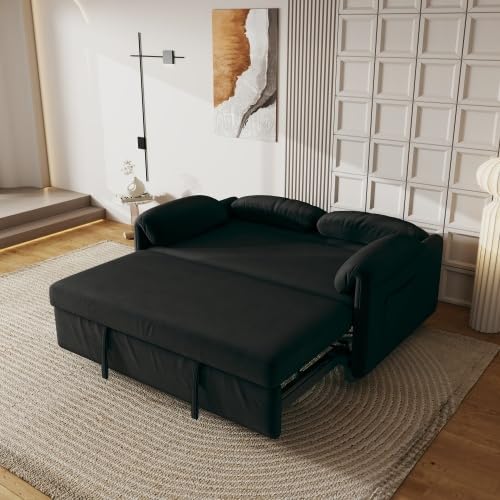 54'' Corduroy 3-in-1 Convertible Sofa Bed Pull Out Sleeper Loveseat Couch with USB Ports &amp Storage Pockets Futon Couches for Small Space Living Room Apartment (Black)