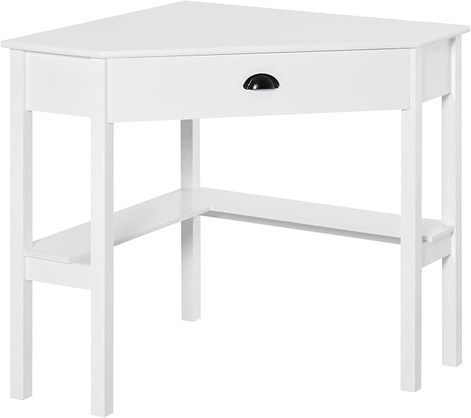 Corner Computer Desk with Drawer and Shelves Space Saving Triangle Design White Compact Home Office Workstation for Small Spaces