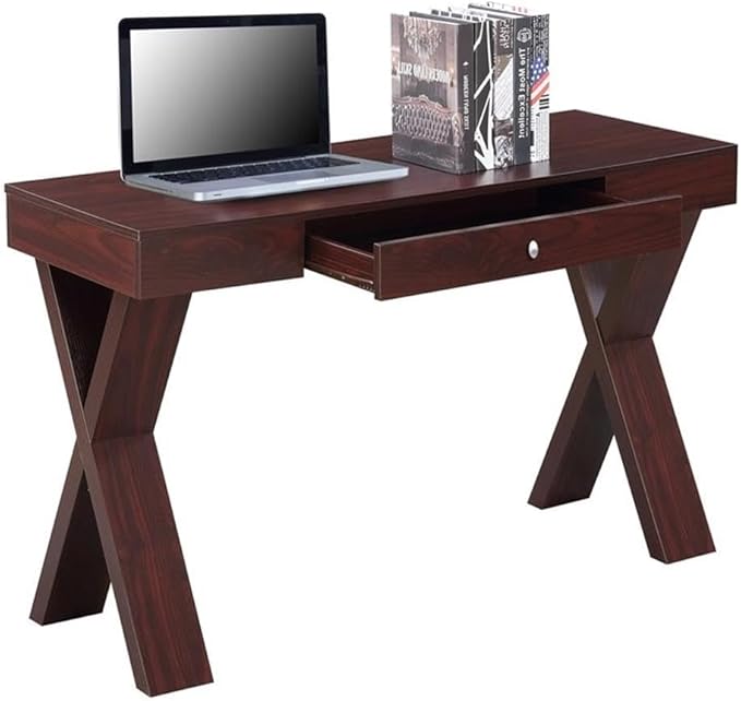 Pemberly Row Modern Writing Desk with Drawer Mahogany Wood Finish 47.25 in Wide Hollowcore MDF Construction Spacious Desktop X-Leg Design Office Desk for Computing or Home Workspace