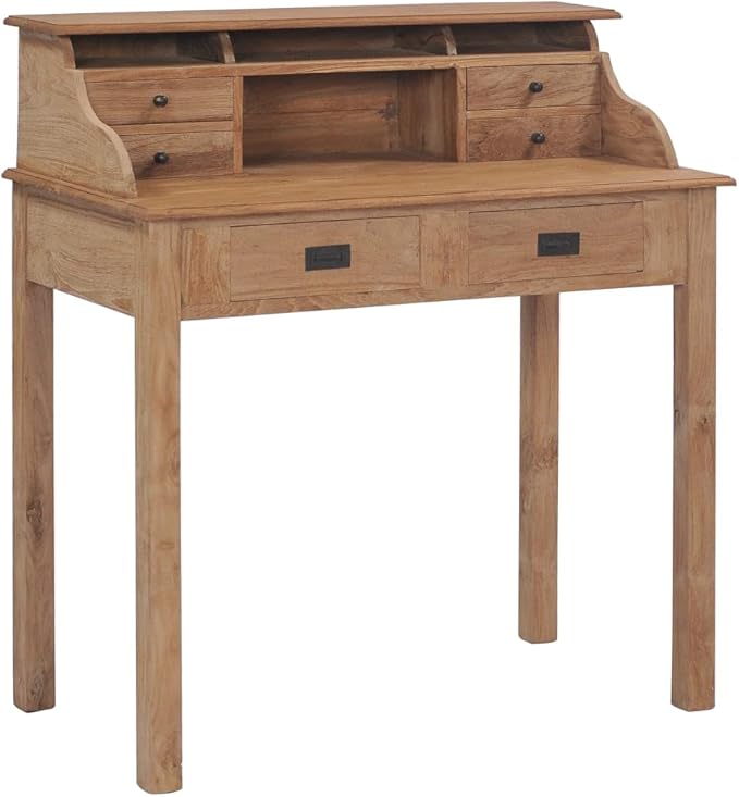 Solid Teak Wood Desk Rustic Rectangular Table Home Office Computer Drawers Table for Home Living Room Bedroom Compact Spaces Study Desk Adjustable