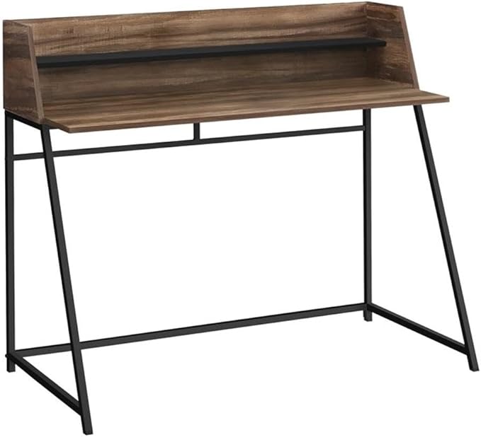 Pemberly Row Computer Desk 48 in Particle Board and Metal Brown Wood-Look Finish Black Shelf Contemporary Trapezoid-Leg Home Office Table with Storage Hutch and Compact Design