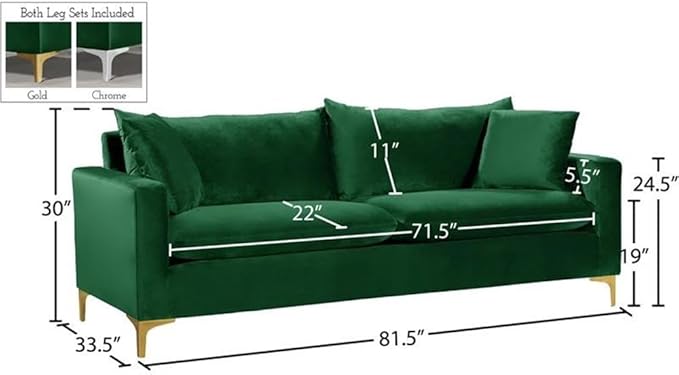 Meridian Furniture Naomi Collection Modern | Contemporary Green Velvet Upholstered Sofa with Stainless Steel Base in a Rich Gold or Chrome Finish 81.5 W x 33.5 D x 30 H (633Green-S)