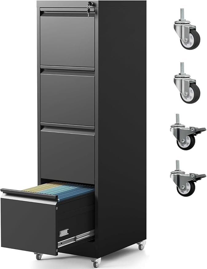 4 Drawer File Cabinet with Wheels Metal Mobile Filing Cabinets with Lock Vertical File Cabinet for Home Office Rolling Storage Cabinet for A4/Letter/Legal Size File Assembly Required Black