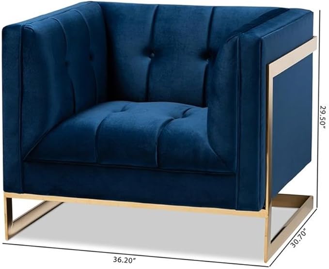 BOWERY HILL Velvet Accent Chair Royal Blue Upholstery Gold Finish Stainless Steel Frame Button Tufted Glam and Luxe Style Plywood Construction Fully Assembled 21.3 W Seat for Living Room and