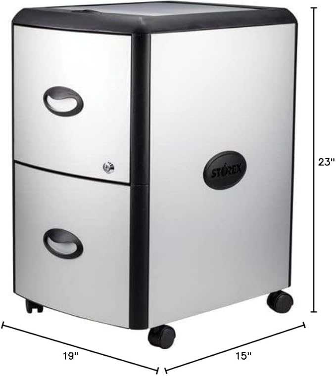 Storex 61351U01C Two-Drawer Mobile Filing Cabinet Metal Siding 19w x 15d x 23h Silver/Black