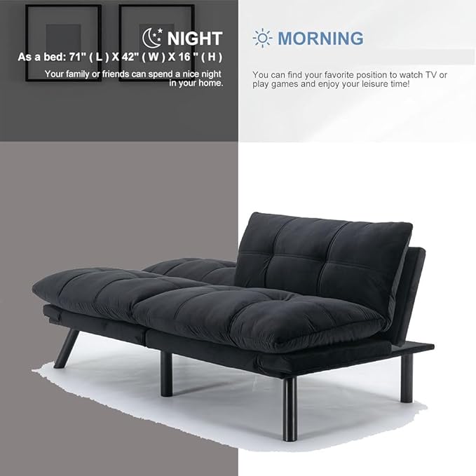 71 Velvet Futon Sofa Bed Modern Convertible Futon Sofa Bed Couch Adjustable Armrests and Backrest Sofa Sleeper for Living Room Small Space Apartment Office