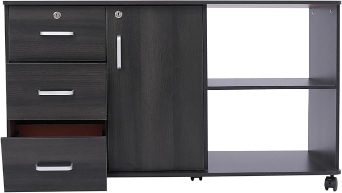 3-Drawer Mobile Lateral Filing Cabinet Rolling Printer Stand with Wheel 39.4 × 13.4 × 23.2in Locking File Cabinet with Charging Station for Home OfficeBlack