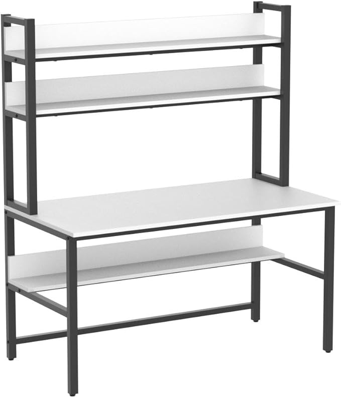 Aquzee Computer Desk Easy Assembly Gaming Table with Hutch and Shelves 4 Tiers Desk with Large Wood Desktop Metal Legs Ideal for Storage Study Work Writing Homework White 55Wx65Hx23.6D Inches