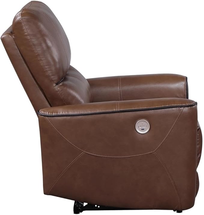 Pemberly Row Modern Faux Leather Power Recliner Chair Saddle Brown 39.75 H x 36.5 W x 37 D Foam Cushions USB Port Power Recline Comfortable Living Room Seating